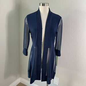 NEW R‎ & M Collection Womens 10 Navy Mesh Sleeve Open Front Cardigan Duster